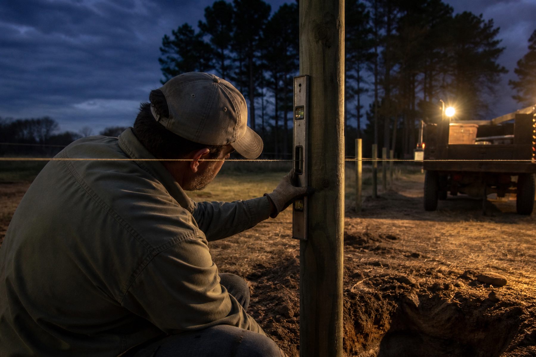 Teddy Hemingway checking a fence post against a string line at dusk on a Marion County lot